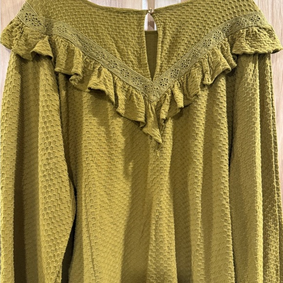 J. Crew Olive Gold Textured Boho Rustic Fall Cottagecore Blouse with Ruffle Trim - Picture 8 of 10